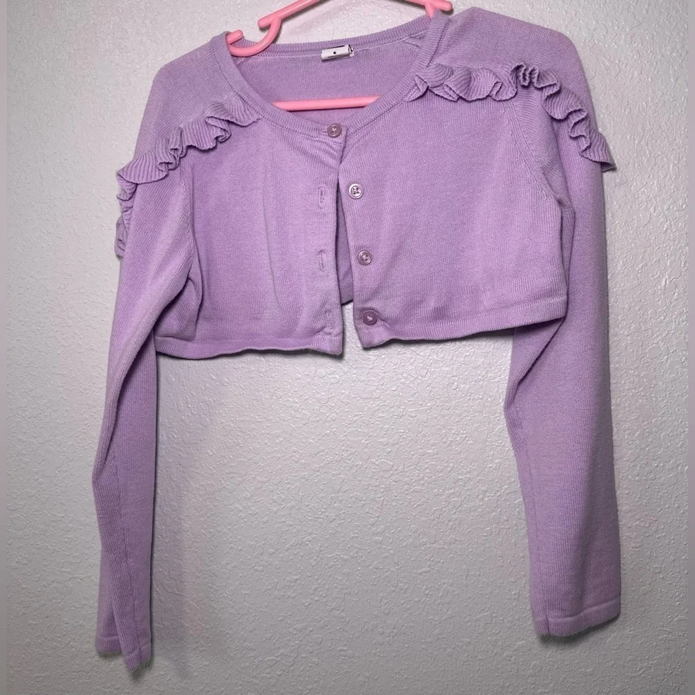 Janie & Jack Cardigan Sweater Girls sz 6 Lavender Cropped Ruffle Long Sleeve - Picture 2 of 5